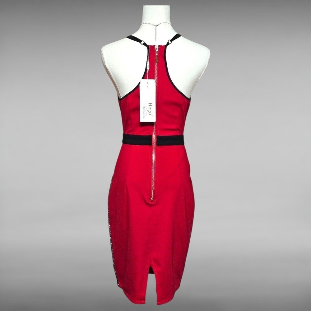 NWT Hego Red Colorblock Cutout Mesh Panel V Neck Strappy Bandage Bodycon Dress S - Picture 3 of 6